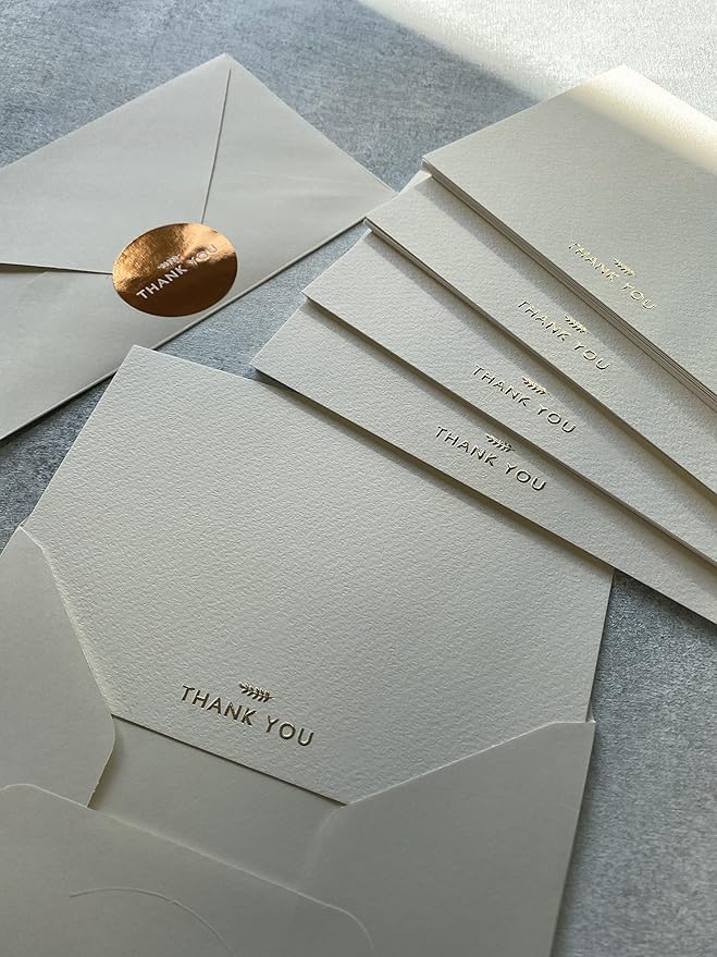 RUN2PRINT (36 Pack) Thank You Cards With Envelopes & Gift of 36 Foiled Stickers - Elegant Emboss Rose Gold Foil Pressed Blank Notes Wedding All Occasion Cards (Ivory)