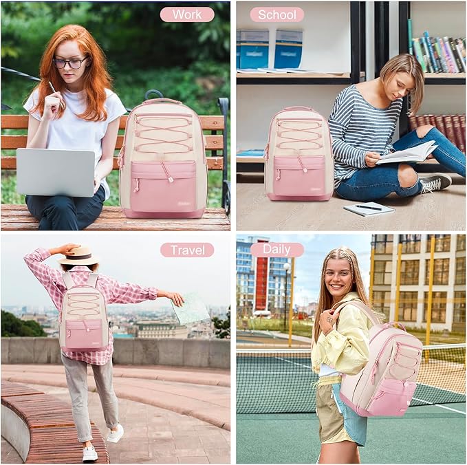 School Backpack for Teens Girls, Aesthetic College Backpack Large Bookbag for Women Students Fashion 15.6 Inch Laptop Bag for Work Travel (Pink Beige)