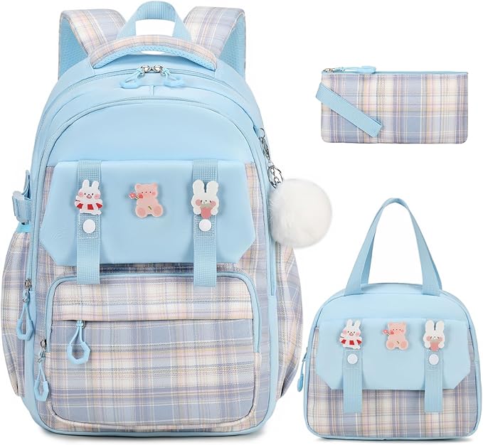 Backpack for Girls, 3PCS Kids Girls Backpacks with Lunch Bag Pencil Case for School, Cute Bookbag Teens Backpack for Kindergarten Preschool Elementary Middle School, Blue