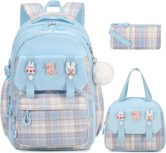 Backpack for Girls, 3PCS Kids Girls Backpacks with Lunch Bag Pencil Case for School, Cute Bookbag Teens Backpack for Kindergarten Preschool Elementary Middle School, Blue