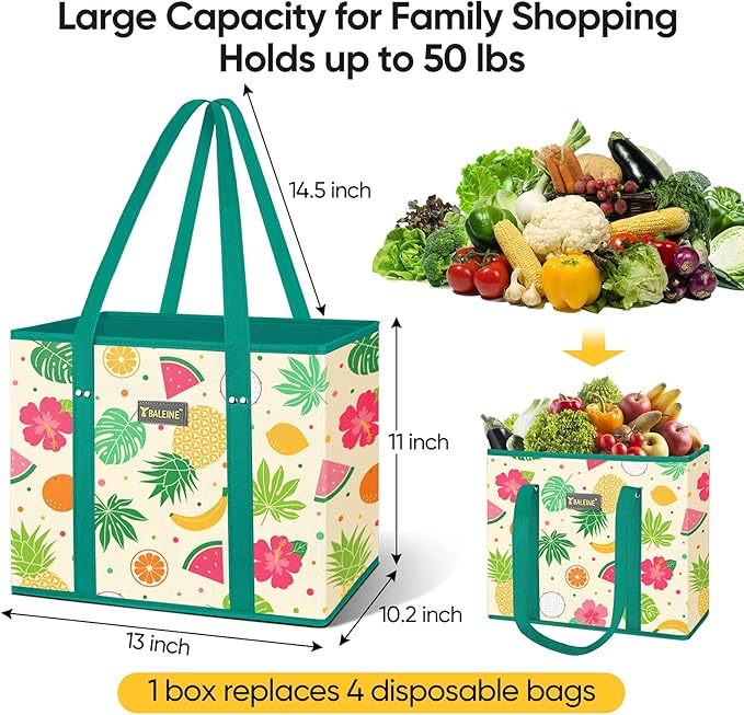 BALEINE 3Pk Reusable Grocery Bags, Foldable Shopping Bags for Groceries with Reinforced Bottom & Handles (Hawaiian Brunch)