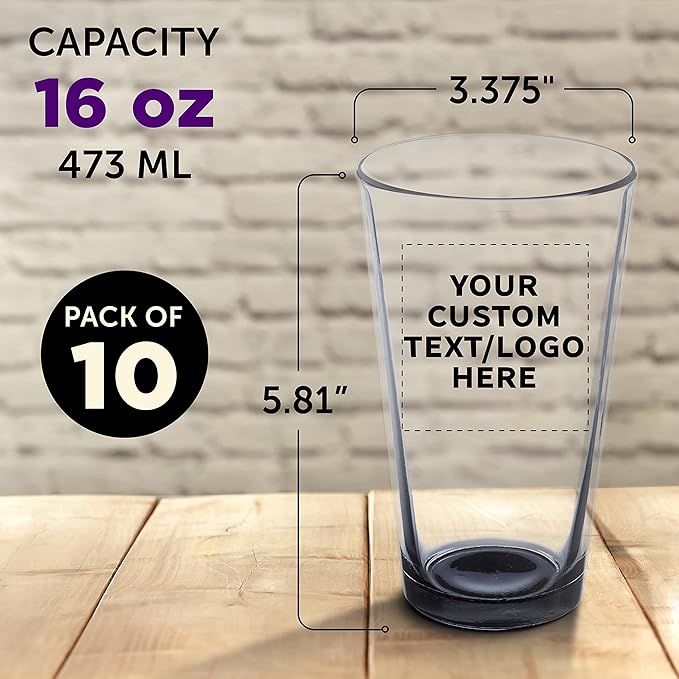 Custom Libbey Pint Glass 16 oz. Set of 10, Personalized Bulk Pack - Beer Glasses, Heavy Duty Drinkware - Black