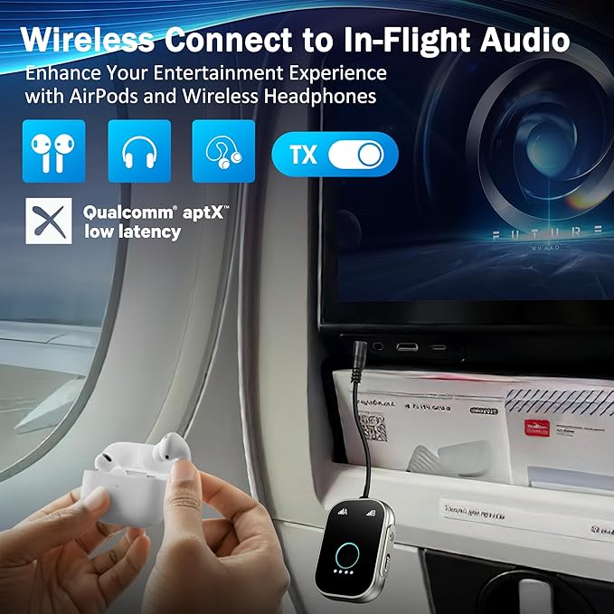 Bluetooth Transmitter Receiver for TV, 2-in-1 Bluetooth 5.3 Adapter for Airplane, Gym Equipment, Cars, for up to Two Wireless Headphones, Cell Phones.