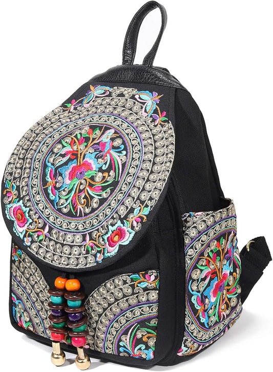 SILKAREA Vintage Embroidered Floral Ethnic Backpack Purse for Women Bohemian Handbag Shoulder Bag Travel Purse (Black S1)