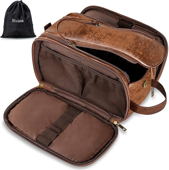 Elviros Toiletry Bag for Men, Large Travel Shaving Dopp Kit Water-resistant Bathroom Toiletries Organizer PU Leather Cosmetic Bags Fathers Day Gift (Medium, Dark Brown)