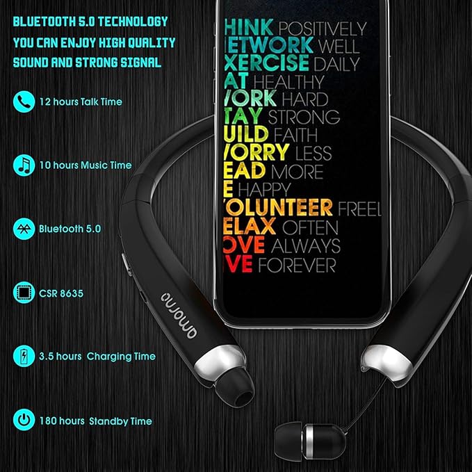 AMORNO Foldable Bluetooth Headphones, Wireless Neckband Sports Headset with Retractable Earbuds, Sweatproof Noise Cancelling Stereo Earphones with Mic