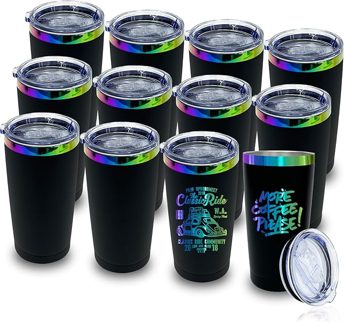 20 oz Tumbler Bulk with Lid and Straw Double Wall Vacuum Insulated Travel Coffee Mug Powder Coated Cup for Hot and Iced Drinks (Black,12 pack)
