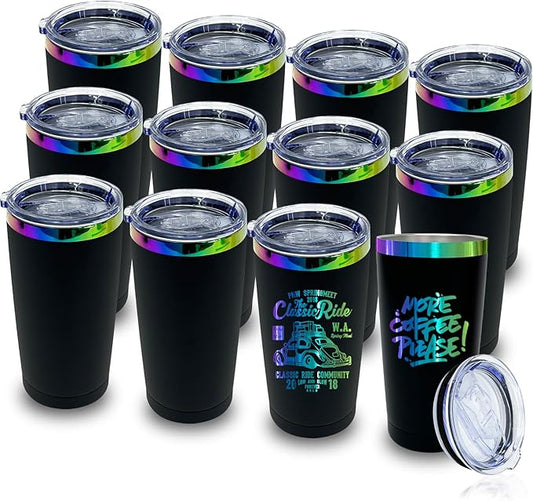 20 oz Tumbler Bulk with Lid and Straw Double Wall Vacuum Insulated Travel Coffee Mug Powder Coated Cup for Hot and Iced Drinks (Black,12 pack)