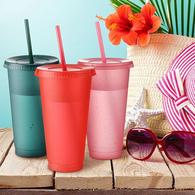 Honeydak 60 Pack Tumbler with Straw and Lid Bulk Glitter Plastic Cups Water Bottle Iced Coffee Travel Mug Reusable Party Favor Cups for Birthdays travel 24-27 oz (Bright Colors)