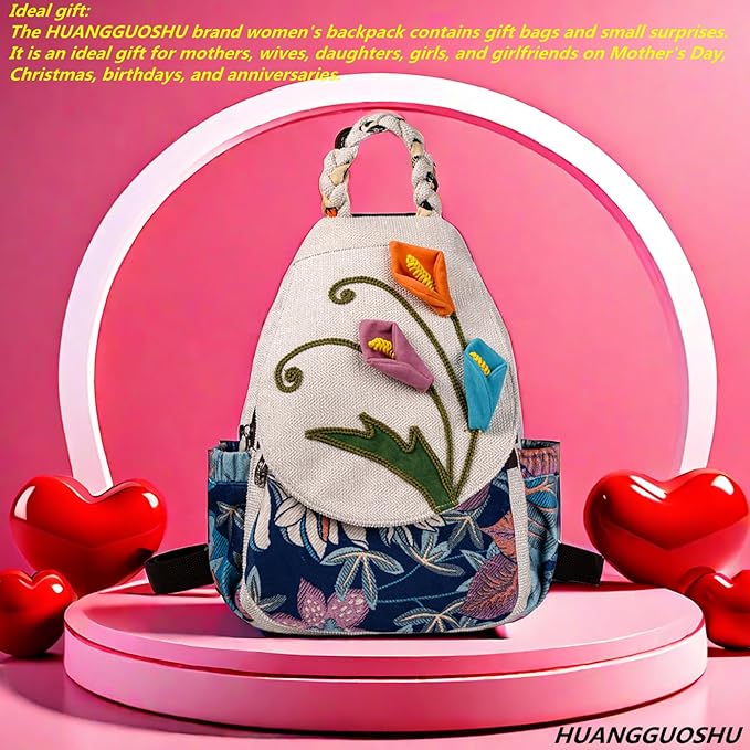 HUANGGUOSHU Bohemian Knit Backpack - Handcrafted, Multi-Pocket, Secure Zipper Pockets Pocket - Ideal Gift for Girls, Moms, and Students - Travel Essential for Fashionable Women-Flower Backpack