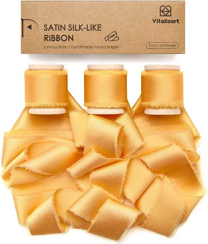 Vitalizart Silk Satin Ribbon 1 inch x 15 Yard Gold Handmade Frayed Ribbons for Gift Wrapping Baby Shower Wedding Bridal Bouquets Holiday Decor