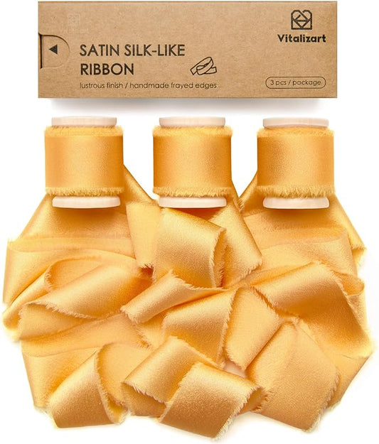 Vitalizart Silk Satin Ribbon 1 inch x 15 Yard Gold Handmade Frayed Ribbons for Gift Wrapping Baby Shower Wedding Bridal Bouquets Holiday Decor