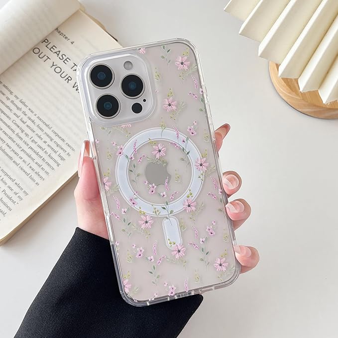 ZTOFERA for iPhone 16 Pro Max Magnetic Case Compatible with Magsafe,Aesthetic Floral Pattern Design Cute for Girl Women,Anti-Drop Protective Hard Phone Cover for iPhone 16 Pro Max-Pink Flower