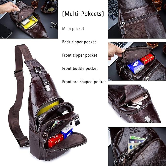 Cross body Bags for Men Leather Sling Bag Casual Daypacks Chest Bags Shoulder Bag Travel Hiking Backpacks