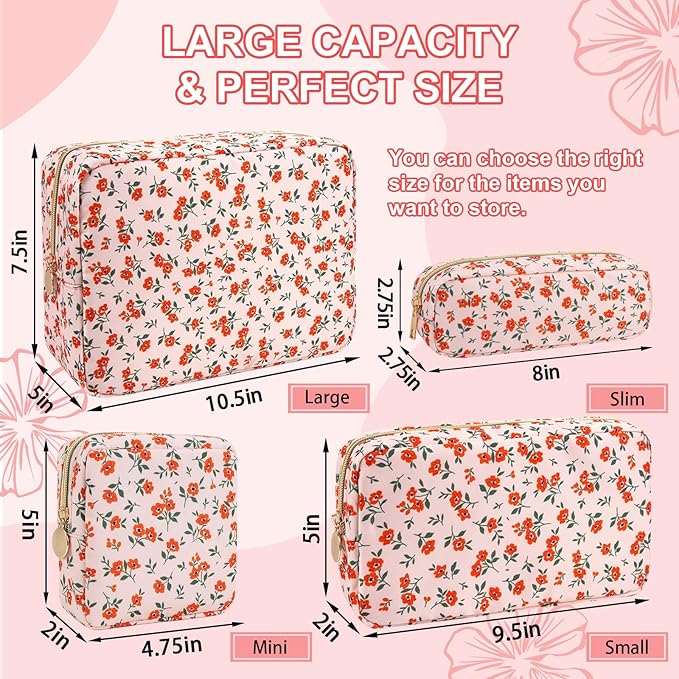 Waterproof Small Floral Pencil Case Makeup Bag for Purse,Cute Flower Pencil Pouch Preppy Nylon Makeup Brush Holder with Zipper,Girls Portable Storage Case Small Pen Bag for Work(Slim Pink-Flowers)