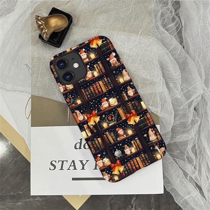 DAIZAG Case Compatible with for iPhone 12,Christmas Santa Claus Bookshelf Bells Phone Case for iPhone 12 for Girl Women Boy Men