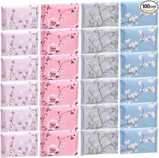 PerKoop 100 Pack Pocket Tissues Travel Slim Packs Small Facial Tissues Wallet Size Toilet Paper for Travel Guest Wedding Supplies, 4 Styles(Colorful Flowers)