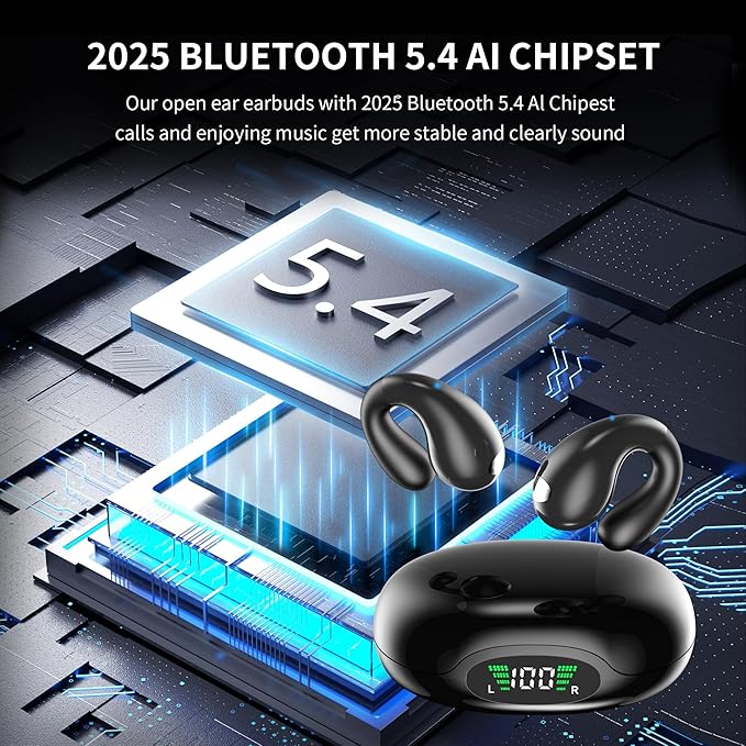 Open Ear Earbuds Wireless Bluetooth 5.3 Flexible Clip On Open Ear Earbuds with 36H Playtime LED Display Bone Conduction IPX7 Lightweight Fit for Every Ear, Sport, Workout