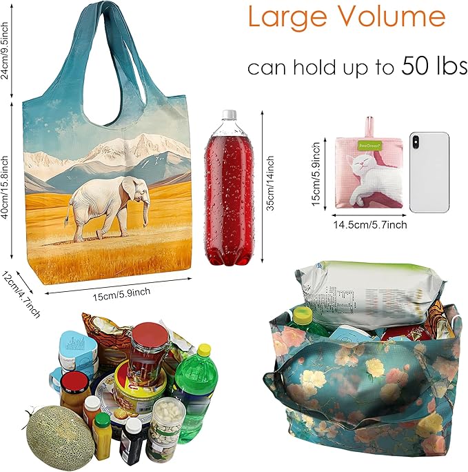 BeeGreen Dog Reusable Grocery Bags 6 Pack, Heavy Duty Totes for Women, Foldable Grocery Bag Large Shopping Totes with Handles for Work, Travel, Gift, Store, Polyester Washable Reusable Tote Bag