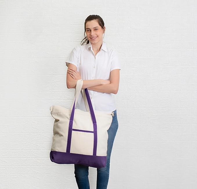 Cotton Canvas Tote Bag with an External Pocket & Top-Zipper Closure For - Gym, Beach, DIY, Work, Travel, Shopping
