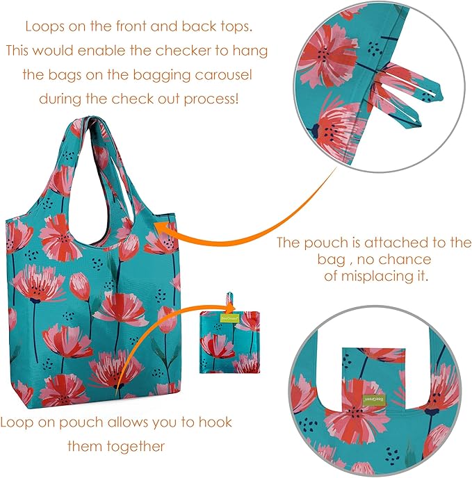 BeeGreen Reusable Grocery Bags 6 Pack, Heavy Duty Totes for Women, Foldable Grocery Bag Large Shopping Totes with Handles for Work, Travel, Gift, Store, Polyester Washable Reusable Tote Bag