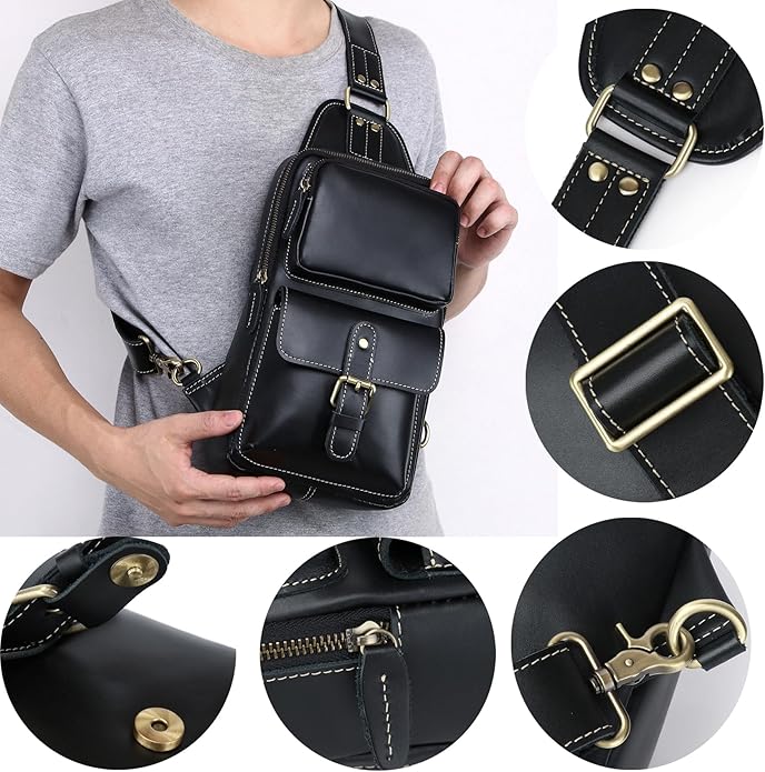 Genuine Leather Sling Bag for Men Women Backpack Chest Shoulder Satchel Crossbody Bags Casual Outdoor Daypack