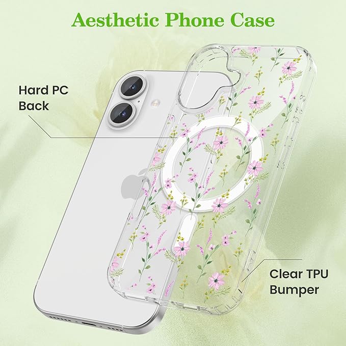 ZTOFERA for iPhone 16 Magnetic Case Compatible with Magsafe,Aesthetic Floral Pattern Design Cute for Girl Women,Anti-Drop Protective Hard Phone Cover for iPhone 16-Pink Flower