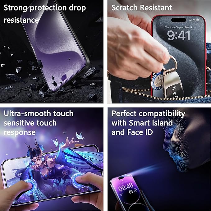 2 Pack Anti Blue Light Matte Screen Protector for iPhone 16 and iPhone 15 and iPhone 14 Pro 6.1-Inch Auto Dust Removal, No Bubbles, Tempered Glass Film, Easy Installation