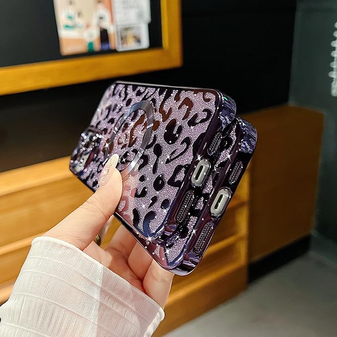 for iPhone 14 Case Magnetic,Soft Cute Luxury Leopard Cheetah Pattern Plating Glitter Bling Phone Case Compatible with MagSafe Clear Shockproof Back Cover for Women Girl 6.1"-Purple