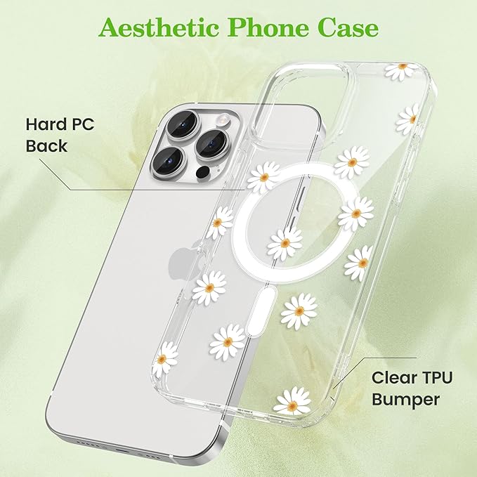 ZTOFERA for iPhone 16 Pro Magnetic Case Compatible with Magsafe,Aesthetic Floral Pattern Design Cute for Girl Women,Anti-Drop Protective Hard Phone Cover for iPhone 16 Pro-Daisy