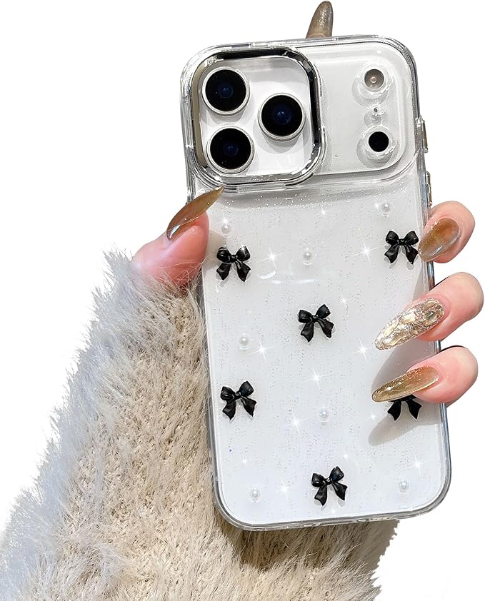 EYZUTAK Case for iPhone 17 Pro Max, Bling Glitter 3D Bowknot Phone Case Cute Sparkly Crystal Clear Bow Aesthetic Cover Slim Soft Durable TPU Transparent Protective Cover for Women Girls - Black Bow