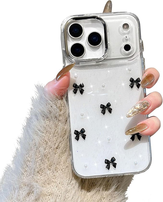 EYZUTAK Case for iPhone 17 Pro Max, Bling Glitter 3D Bowknot Phone Case Cute Sparkly Crystal Clear Bow Aesthetic Cover Slim Soft Durable TPU Transparent Protective Cover for Women Girls - Black Bow
