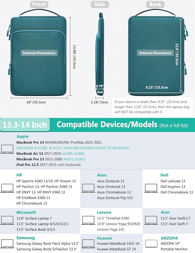 HYZUO 13.3-14 Inch Laptop Bag Sleeve for MacBook Pro 14 M4 M3 M2 M1, MacBook Air/Pro 13.3, 13.8"/13.5" Surface Laptop/Book, Notebook Case for 13" Dell Lenovo ThinkPad HP Asus Acer, Dark Green