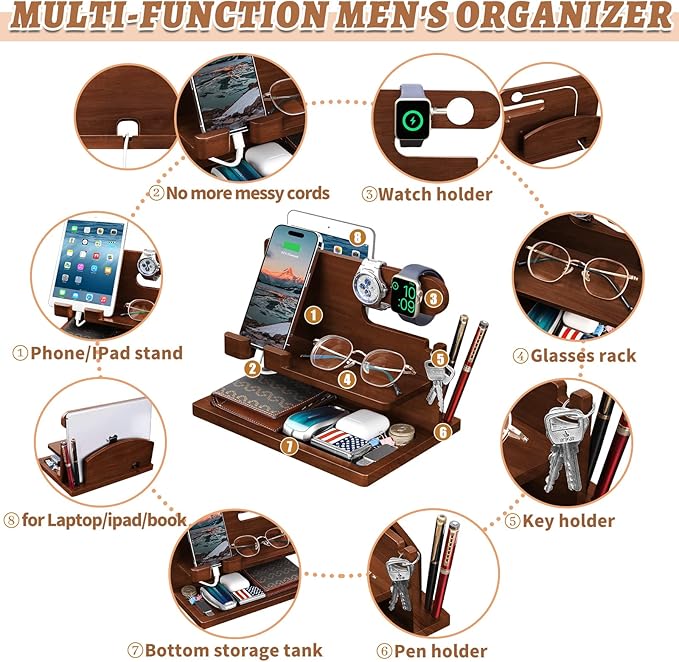 Wood Phone Docking Station - Nightstand Charging Organizer and Cell Phone Stand - Bedside Gift for Men