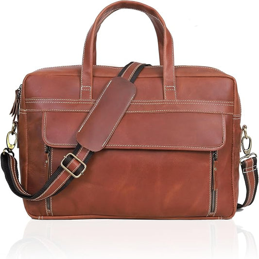 HLC 18 Inch Full Grain Leather Briefcase messenger shoulder bags for men and women