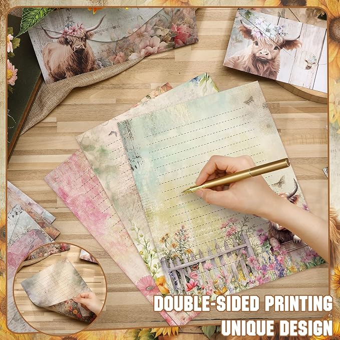 TaoBary 160 Pcs Stationery Paper Set 50 Double Sided Stationery Papers with 50 Matching Envelopes and 60 Round Dot Sticker, 10 Design(Floral Highland Cow,8.5 x 11 Inch)