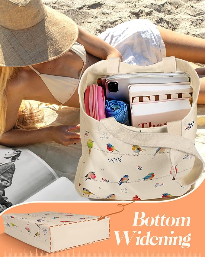 2 Pack Canvas Tote Bag - with Makeup Pouch Aesthetic Cute Women Reusable Canvas Bag for Shopping, Work, Travel