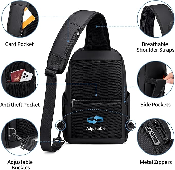 FENRUIEN Crossbody Sling Bag for Men, Water Resistant One Shoulder Backpack, Black Side Bag for Travel