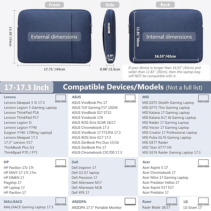 HYZUO 17-17.3 Laptop Sleeve Bag Set for 17" 17.3" HP/Lenovo/Dell/ASUS/Acer/LG/Toshiba/MSI Gaming Laptop/Razer Blade 17/18, Notebook Protective Case for Men Women, Navy Blue