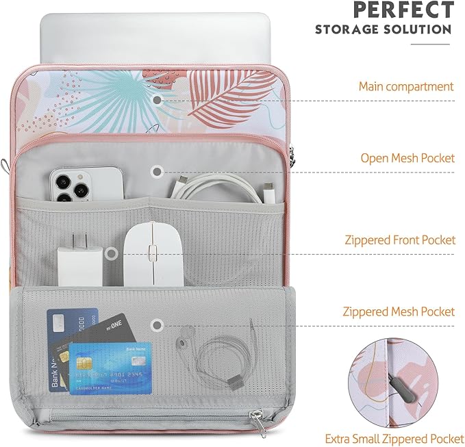 MoKo Laptop Sleeve Bag for 13.3-14 Inch, Notebook Carrying Case with Pocket Fits New MacBook Pro M3/M2 14" /13" M2/M1 Pro/M1 Max 14.2 2023-2021/Air 13.6" M2 2022, Surface Pro 9/8 13", Tropical Leaf
