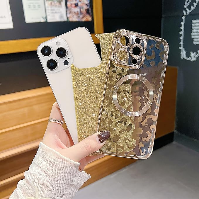 for iPhone 16 Pro Case Magnetic,Soft Cute Luxury Leopard Cheetah Pattern Plating Glitter Bling Phone Case Compatible with MagSafe Clear Shockproof Back Cover for Women Girl 6.3"-Gold