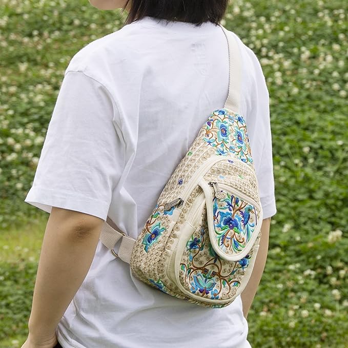 SILKAREA Vintage Canvas Small Sling Bag for Women's Chest Purses Handbag Crossbody Bag Boho Embroidered Backpack Purse (Beige Blue)