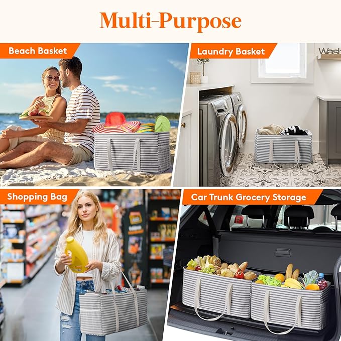 Lifewit Extra Large Tote Bag, Reusable Grocery Bags with Metal Wire Frame and Handles, Standing Utility Foldable Shopping Bags for Storage, Picnics, Beach, Pool, Laundry, Car, Camping, 1 Pack, Grey