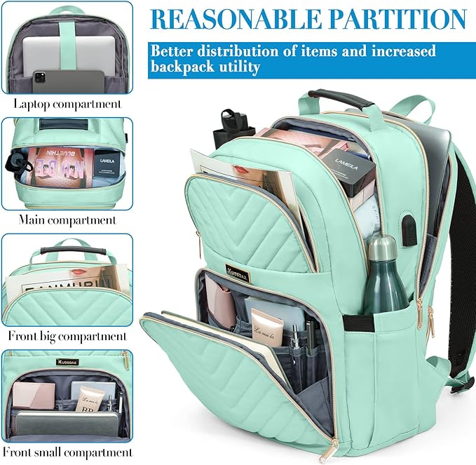 Backpack for Men Women, School Backpack for Boys Girls, 15.6 Inch Quilted Laptop Backpack with USB Charging Port, Large High School Bookbags for Teens, Teal