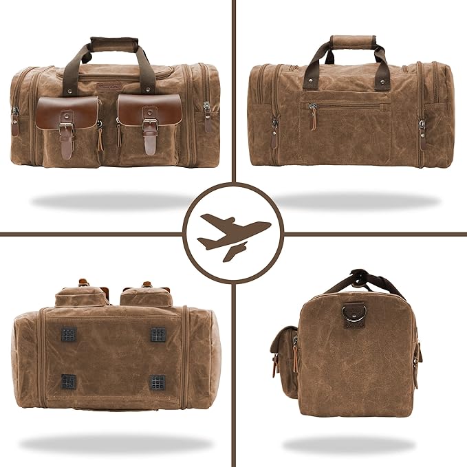 Wildroad Waxed Canvas Genuine Leather 50L Waterproof Duffle Bag - Vintage Travel Weekender Overnight Carry On