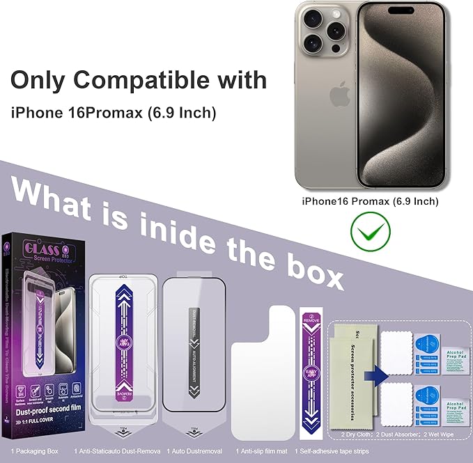 CHISHA 2-Pack Screen Protector Tempered Glass for iPhone 16 Pro Max 6.9-Inch, Auto Dust Removal, No Bubbles, High Definition Clear, Easy Installation