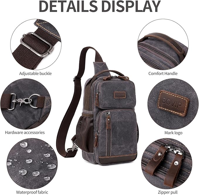 BOVIP Sling Bag for Men - Crossbody Chest Shoulder Bag Waterproof Waxed Canvas Sling Backpack Casual Daypack