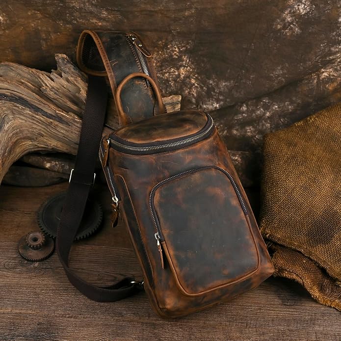 Thick Crazy horse Leather Triangle Crossbody Sling Chest Bag Travel One Shoulder Bag Daypack For Men Male 3028