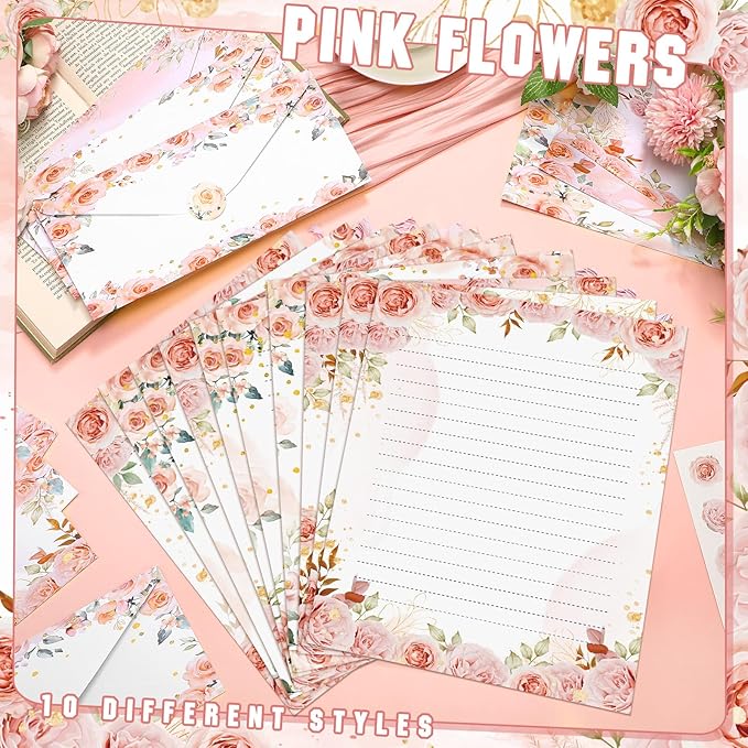 TaoBary 160 Pcs Stationery Paper Set 50 Double Sided Stationery Papers with 50 Matching Envelopes and 60 Round Dot Sticker, 10 Design(Floral,8.5 x 11 Inch)