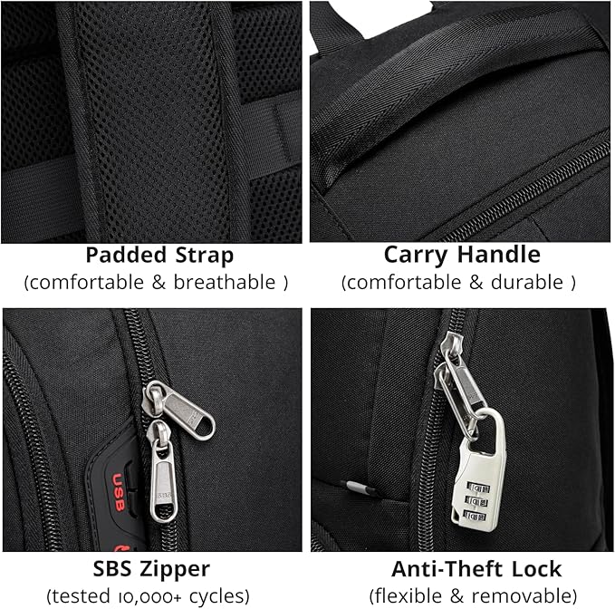 Laptop Backpack for Men & Women - Anti Theft Water Resistant Travel & College Backpack Fits 17 Inch Laptop & Notebook - 35L Black